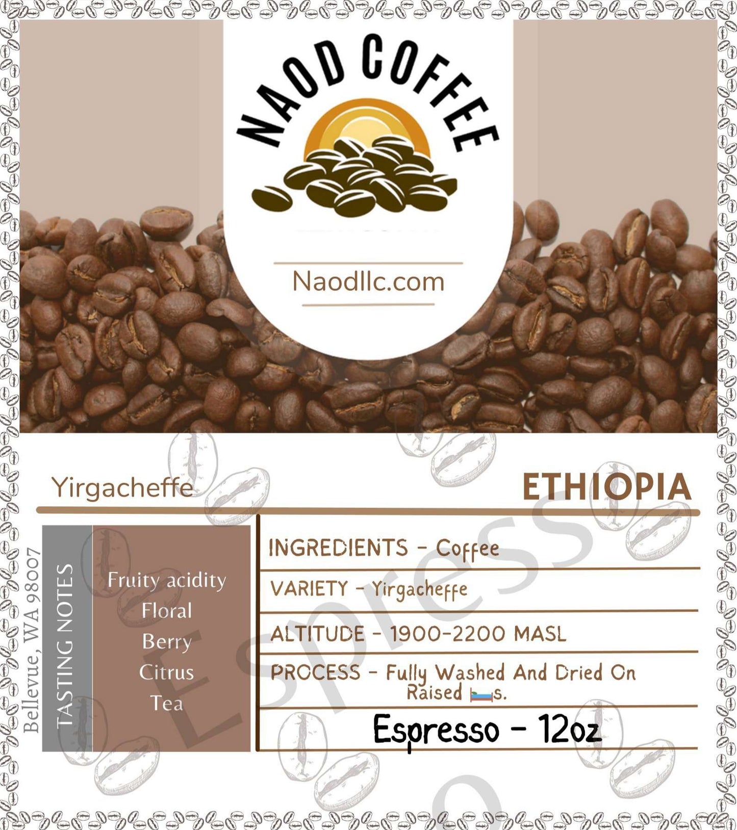 12oz Ethiopian Yirgacheffe espresso coffee